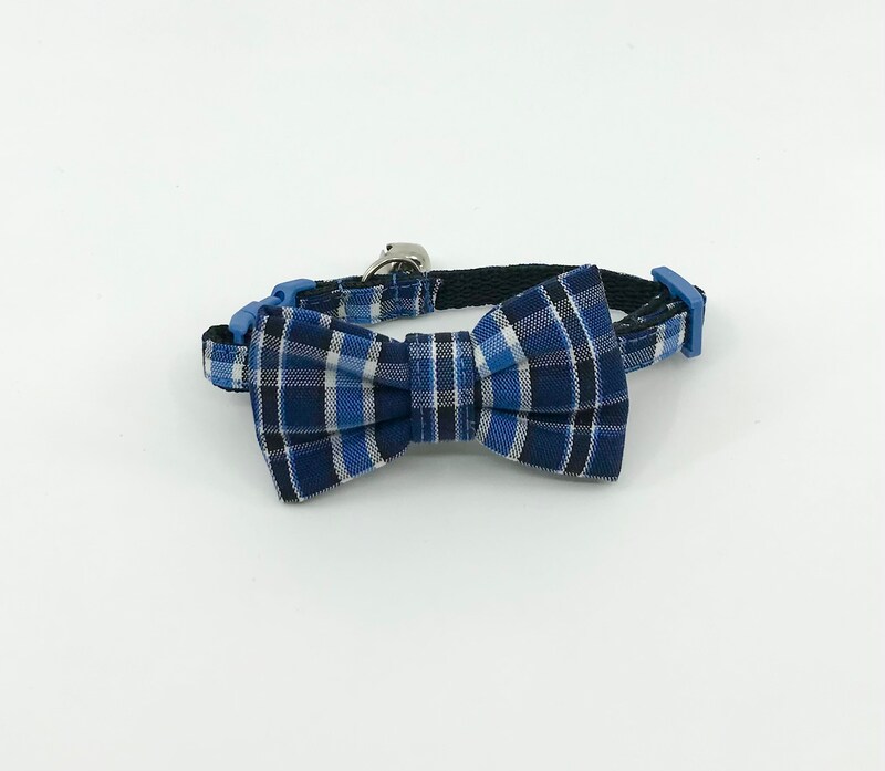 Cat Collar With Optional Bow Tie Small Navy Plaid Breakaway Collar Adjustable Sizes S Kitten, M, L